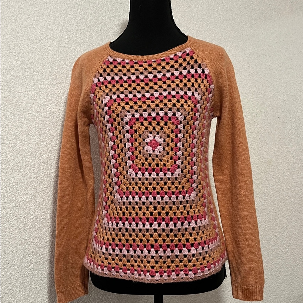 Sundance Crochet Front Sweater – Pink Multi Granny Square – Size XS